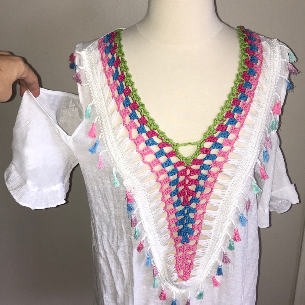 Beach By Exist White Midi Dress with Pink, Blue & Green Crochet Trim - Picture 2 of 8